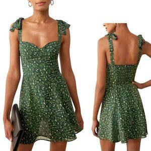 Reformation, Women’s ‘Niara’ Floral Mini Dress, Coriander Smocked, Green, Size 0